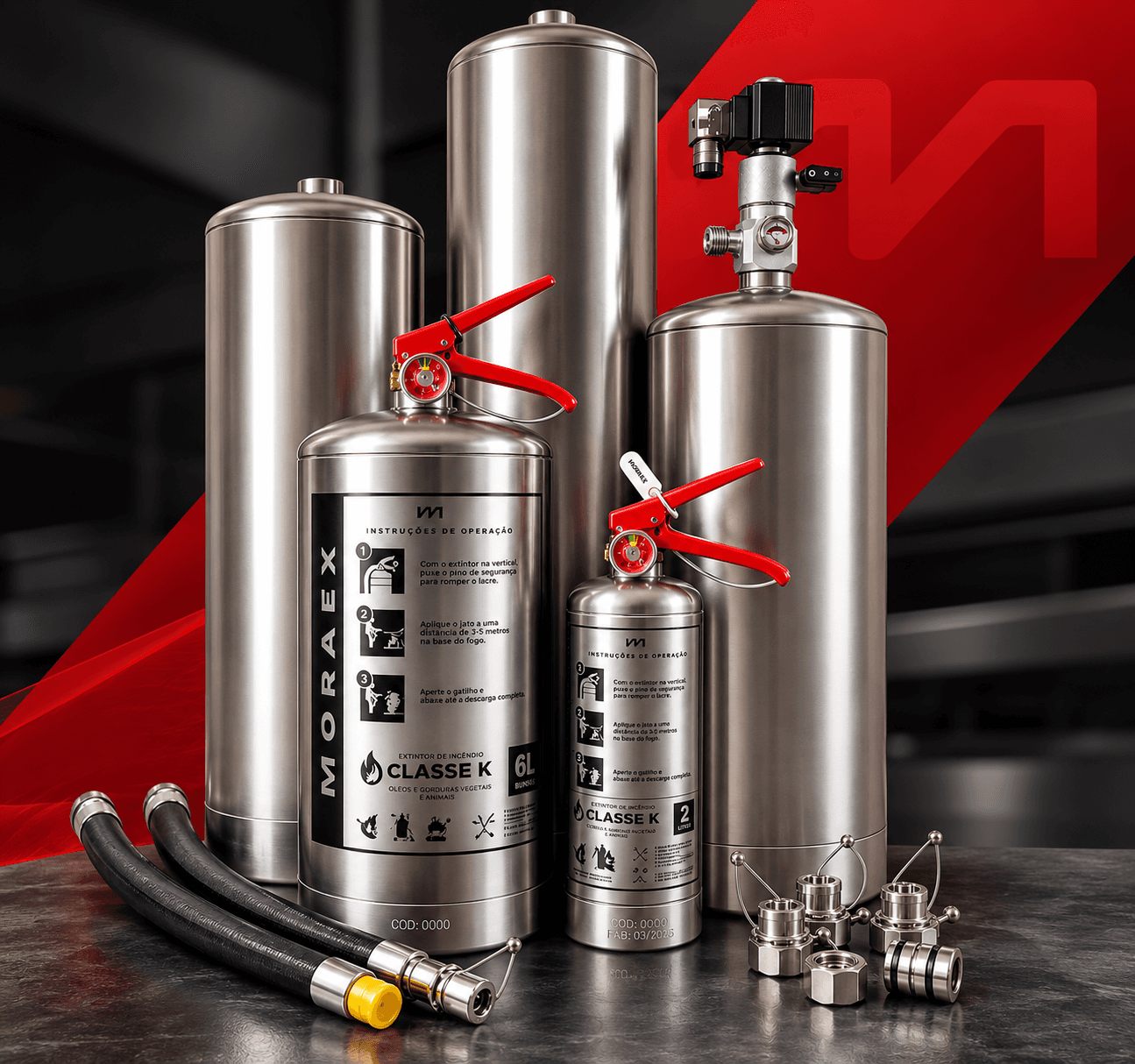 Linha de produtos MORAEX: cilindros de inox, extintores Classe K e válvula de acionamento